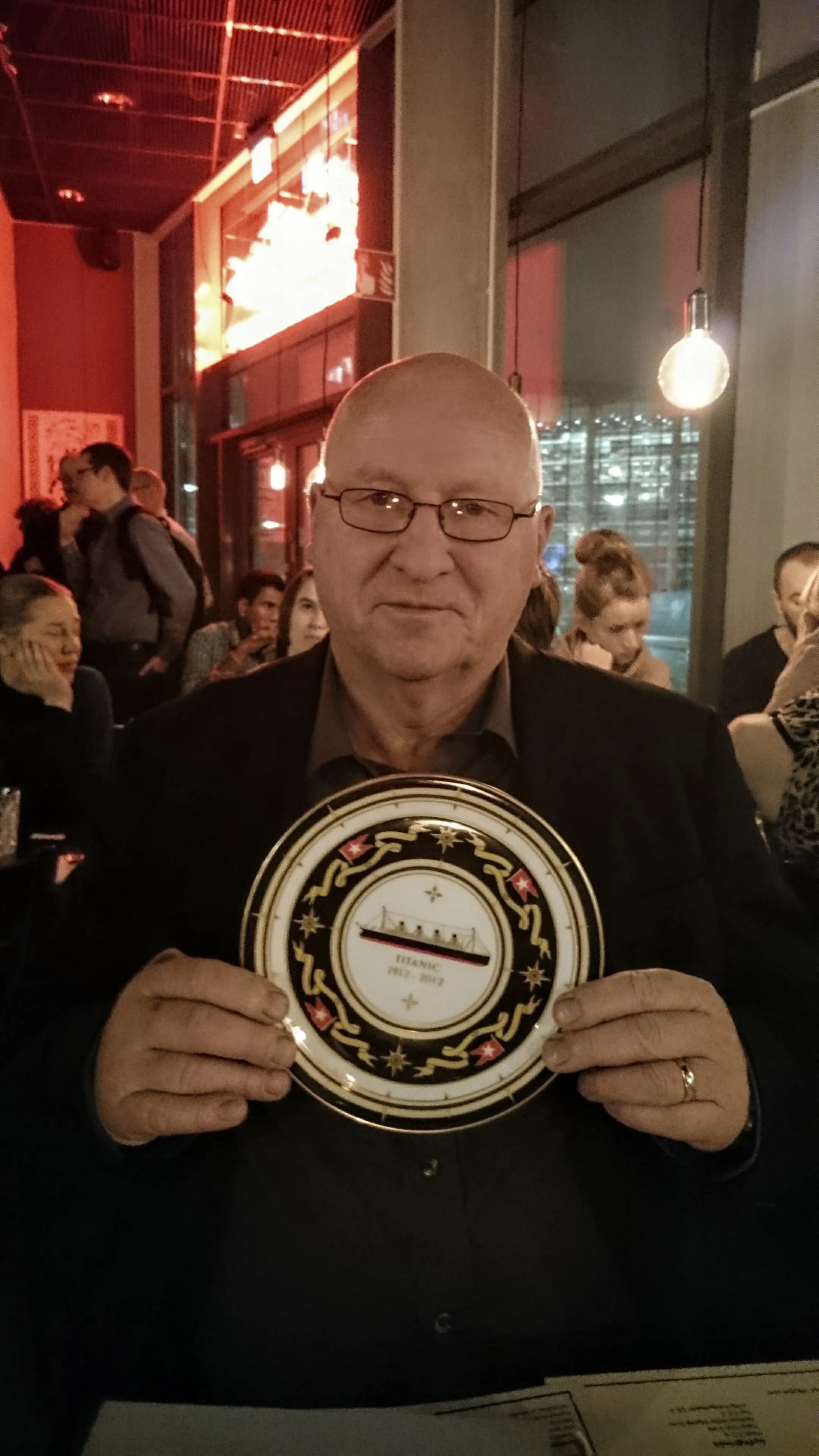 GB with Titanic plate, a gift from Mary, Helsinki